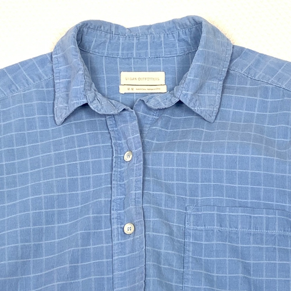 Urban Outfitters Womens Corduroy Windowpane Blue Plaid Button Down Cropped Sz M - Picture 3 of 10